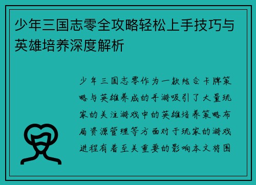 少年三国志零全攻略轻松上手技巧与英雄培养深度解析